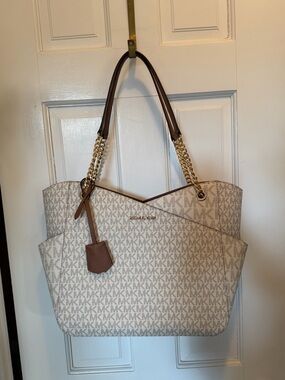 Michael Kors Cream Logo Tote with Brown Trim and Gold Chain